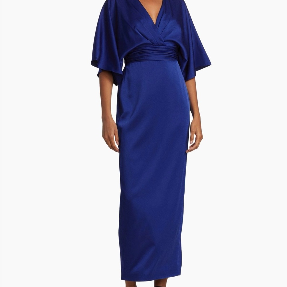 Theia Cobalt Blue V-Neck Maxi Dress with Draped Waist